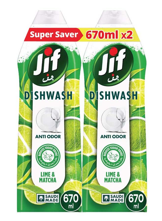 Jif Anti Odor Dishwashing Liquid, Lime & Matcha Tea, 670ml x 2 - Image 1